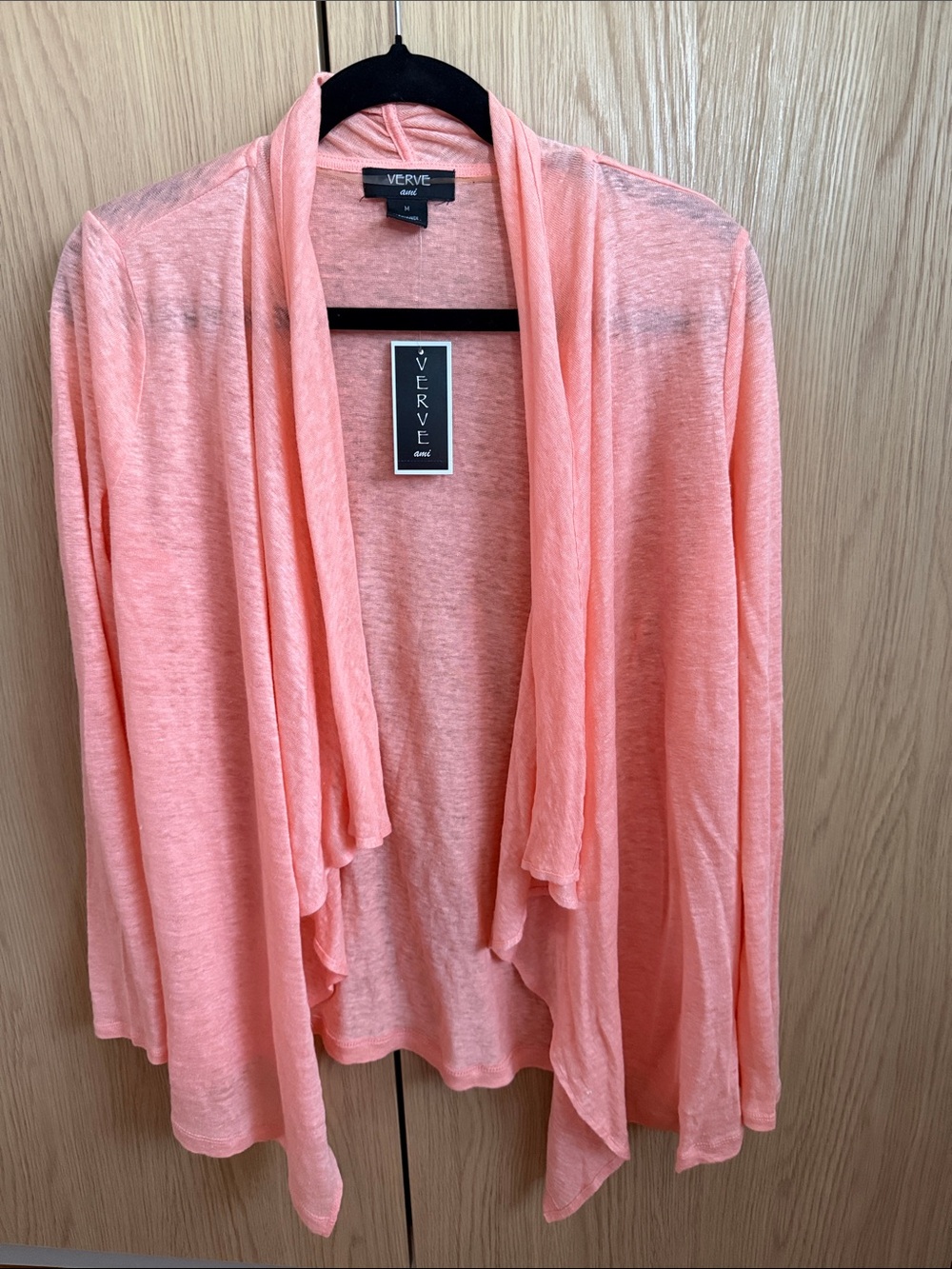 Verve 100% Linen Coral Pink Open-Front Draped Cardigan